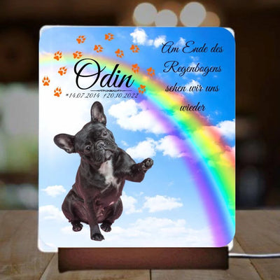 Fotolampe mit Hundebild, Regenbogenbrücke und Herz, in dem ein Text steht. Leuchtbild als Tierandenken steht auf einem Holztisch und ist mit Daten des Tieres personalisiert.