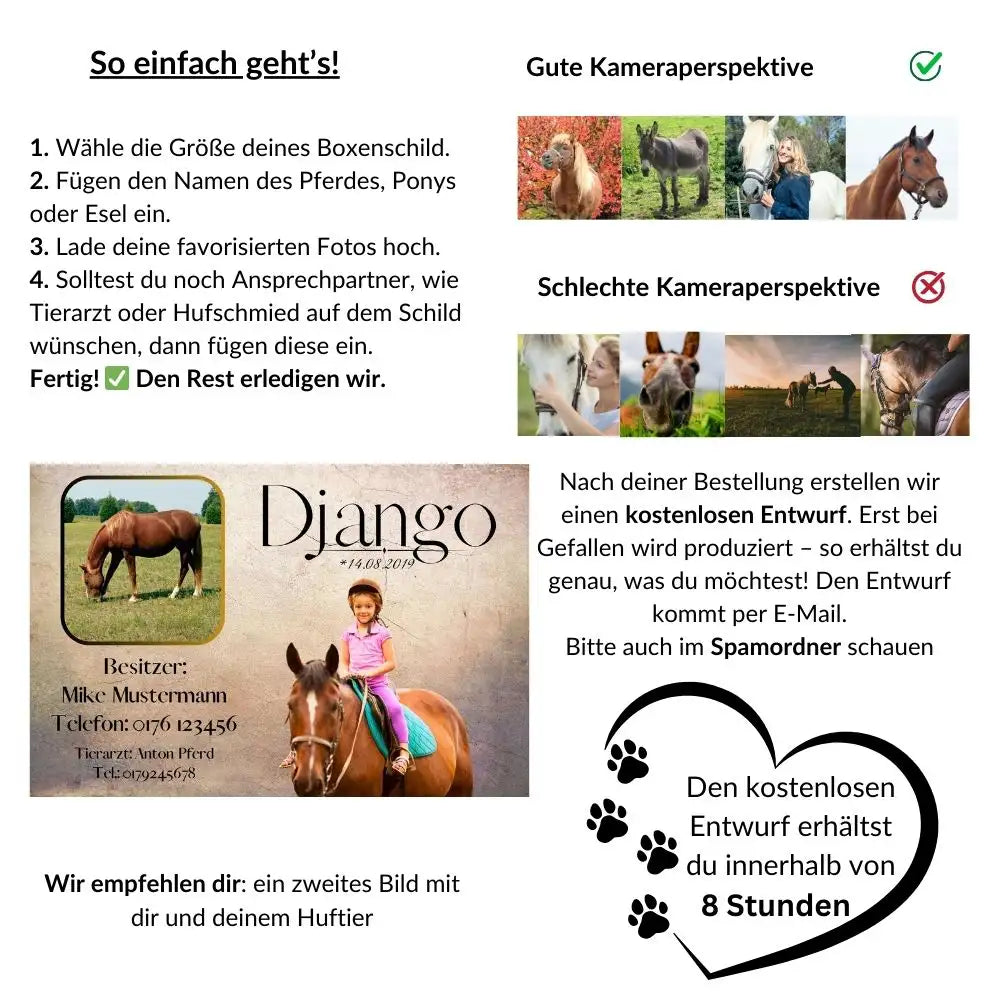 Boxenschild Pferd mit Foto & Daten – personalisiert & wetterfest.