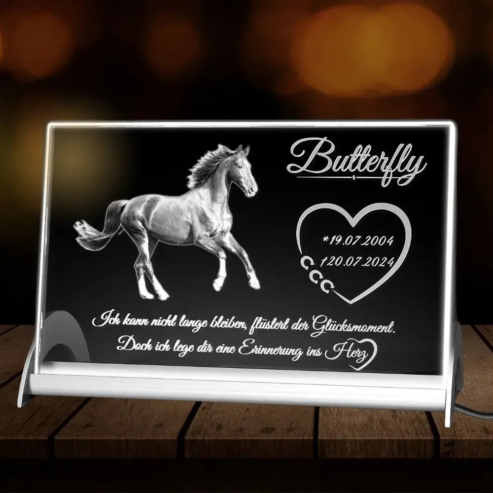 Personalisierte Kristallglas Bild mit LED-Beleuchtung für ein verstorbenes Pferd. Beleuchtetes Glasbild mit Daten von dem Pferd.