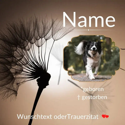 Vorlage für personalisierten Tiergrabstein Hund mit Pusteblume, Foto, Name und Daten