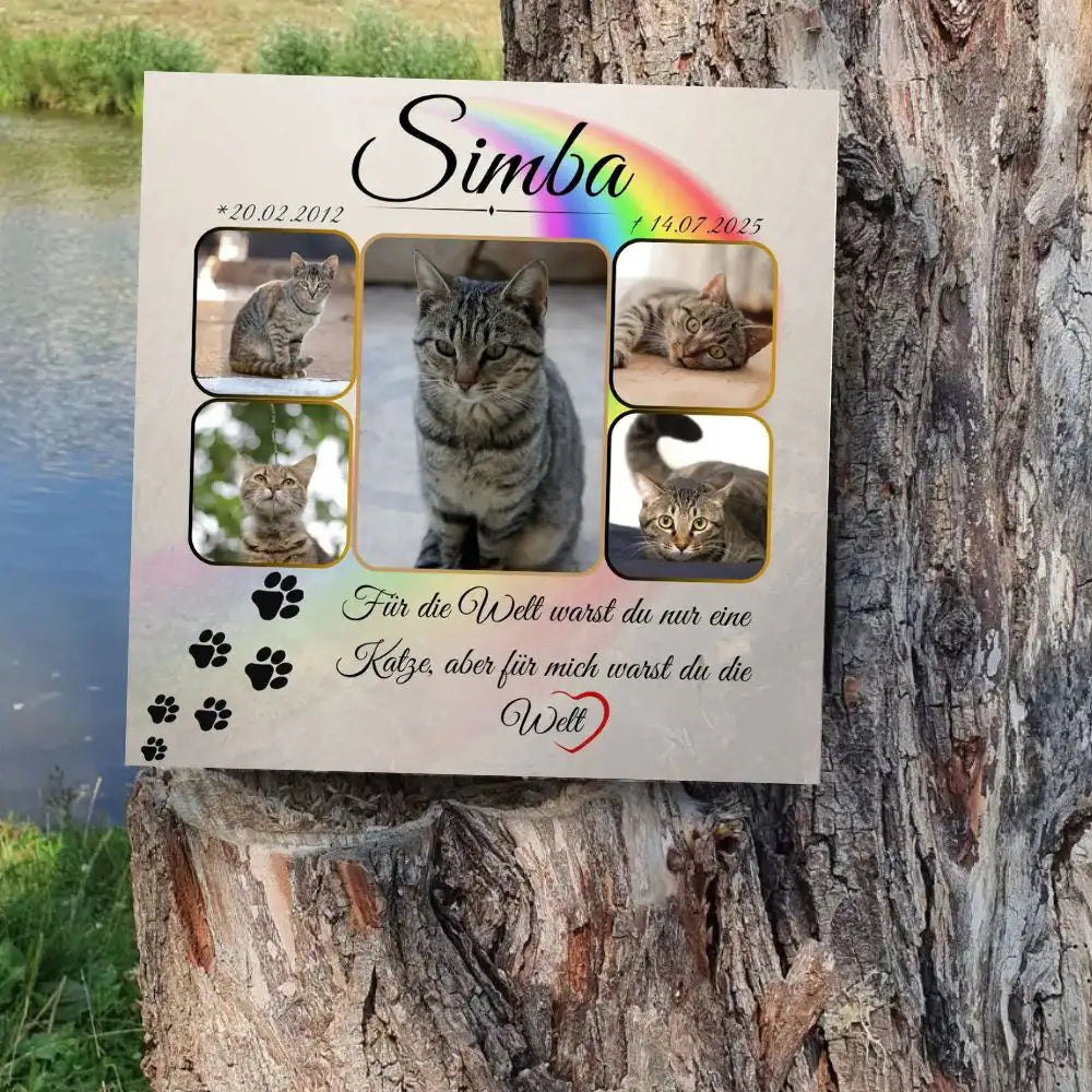 Grabstein für Katze mit Regenbogenbrücke und Fotocollage – wetterfest, personalisierbar mit Wunschtext und Foto als bleibendes Andenken