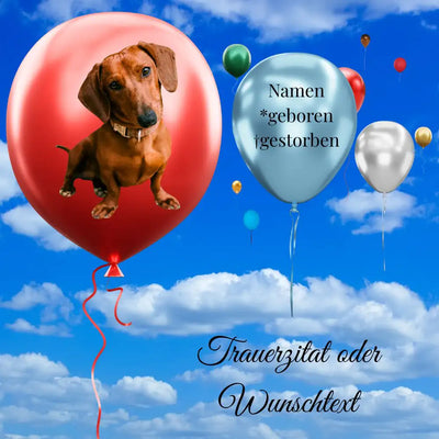 Hundegrabstein mit Foto im Ballon und Tierhimmel – personalisiertes Hunde Andenken mit Tiername und Daten