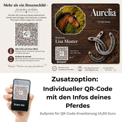 Pferdeschild für den Boxenstall mit QR-Code für Zusatzinfos per Smartphone