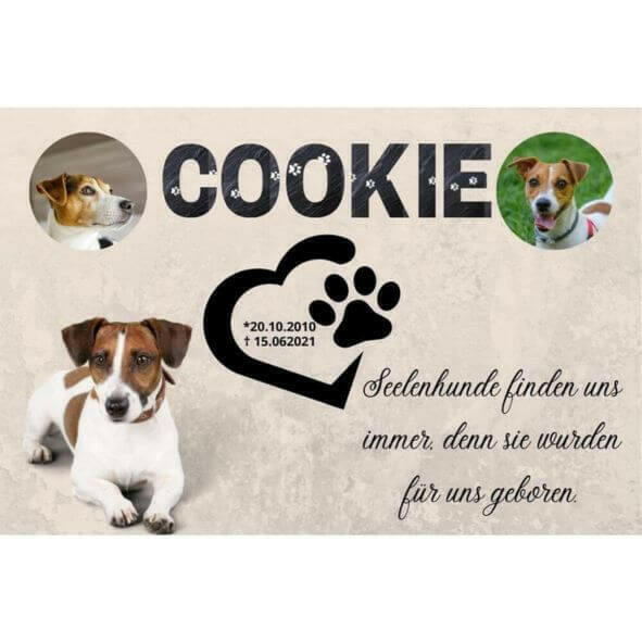 Poster mit Hundebild und Hundenamen. Tierportrait mit Pfoten im Namen, Wunschtext. Im Wandbild ist ein Herz und dort drin ist der Geburtstag und Todestag geschrieben.