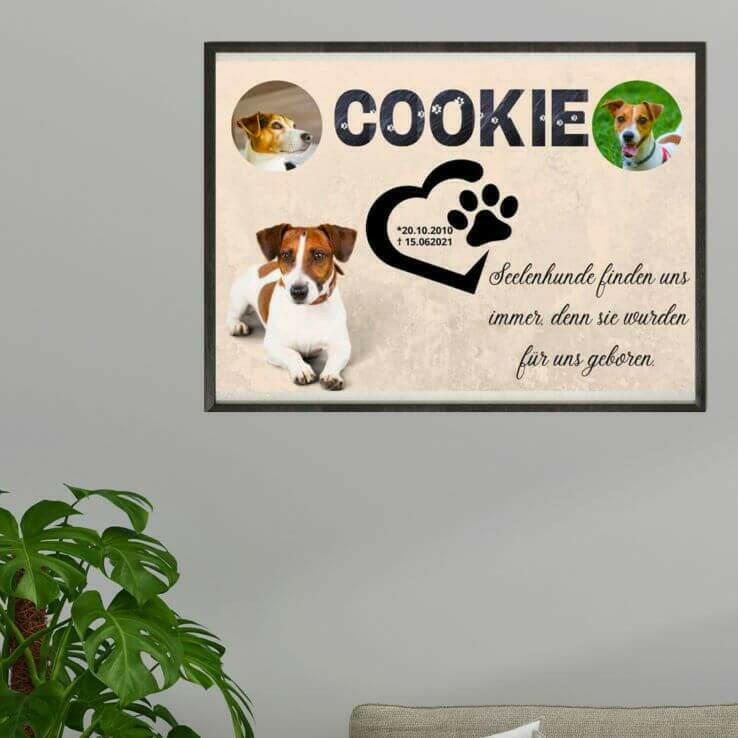 Poster als Hundeandenken an einer grauen Wand mit Rahmen. Trauerbild mit Pfoten und Herz und personalisierte Informationen zu dem verstorbenen Hund. Unten ist eine Pflanze.