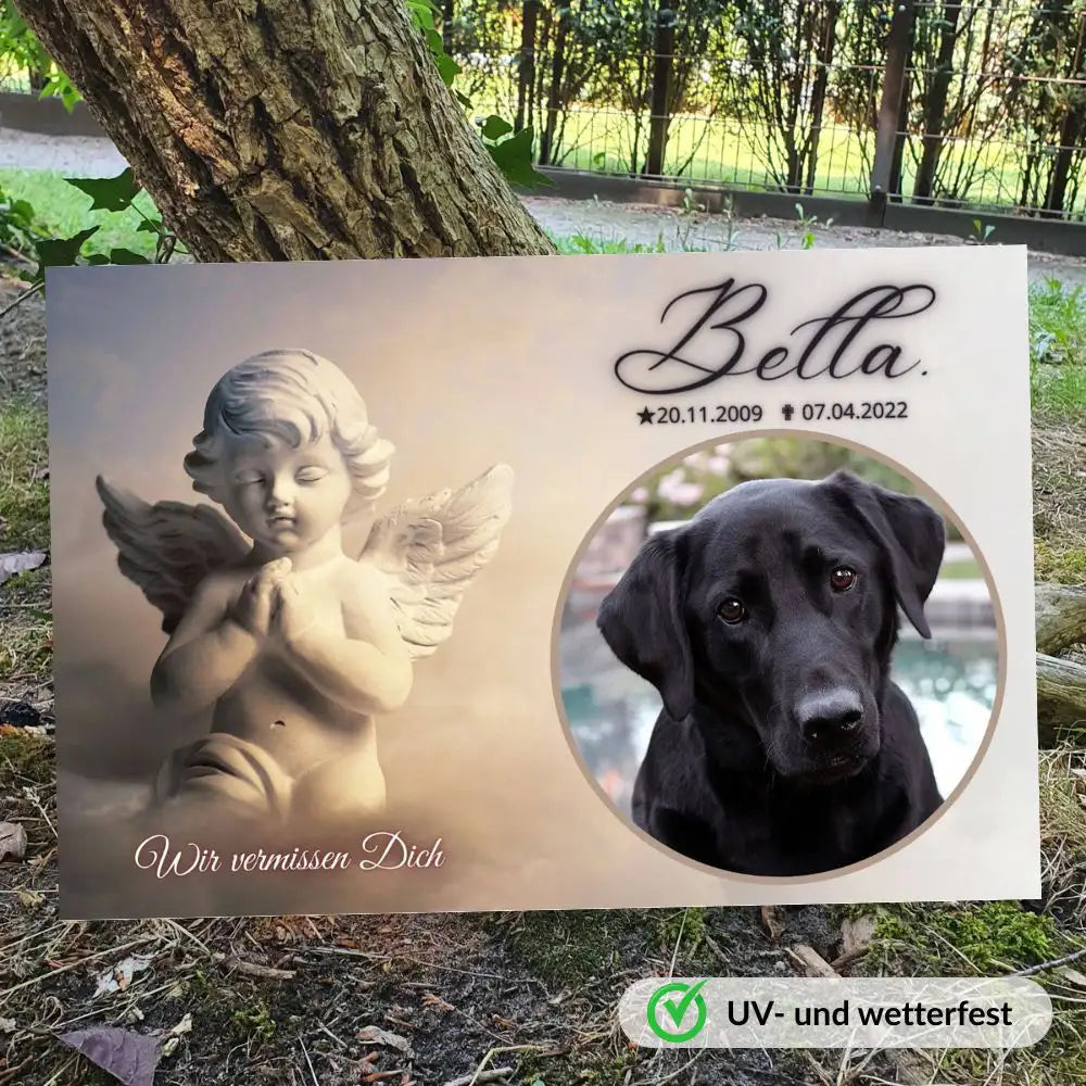 Tiergrabstein mit Engelmotiv und Hunde-Foto – personalisierte Gedenktafel mit Spruch, wetterfest aus Alu-Dibond