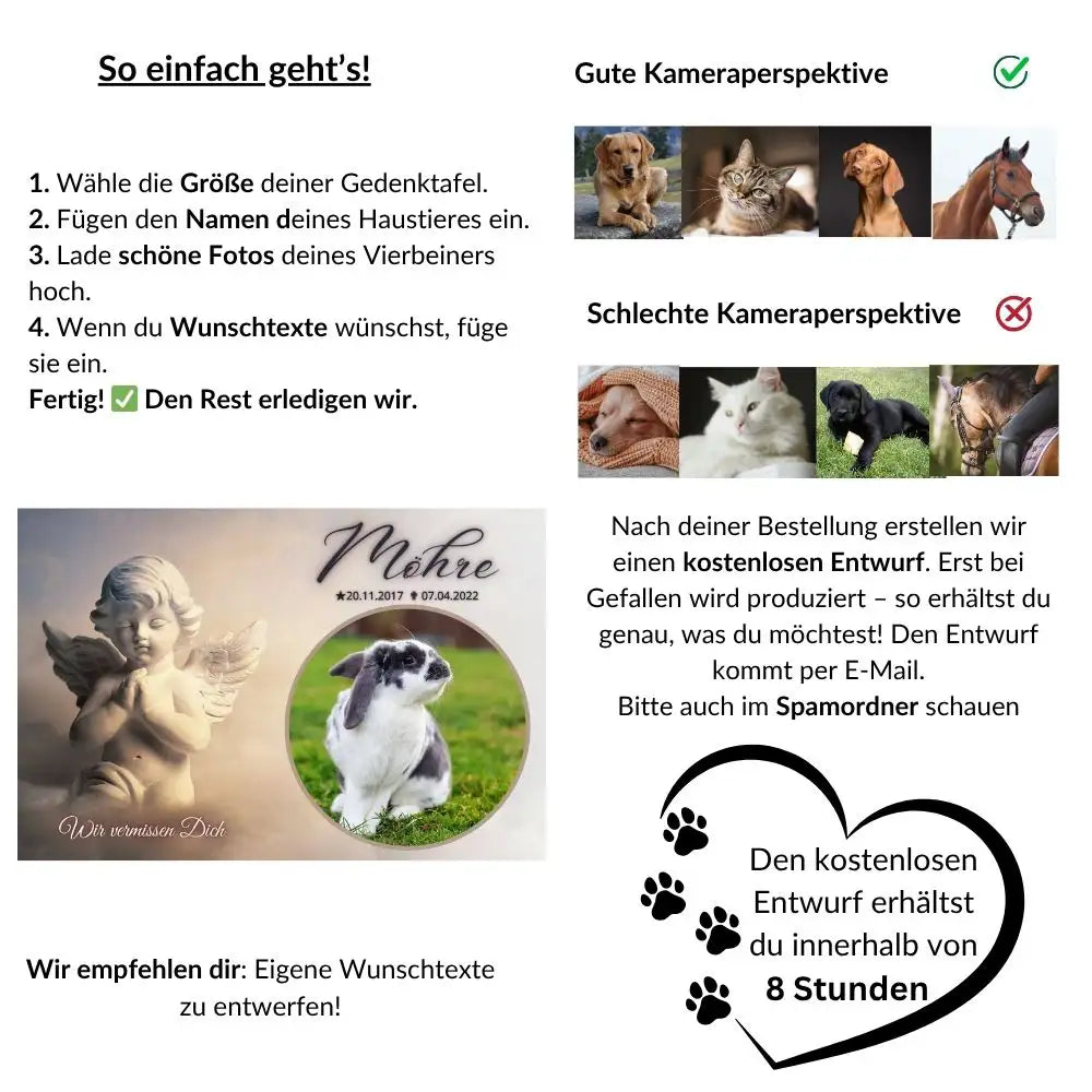 Gedenktafel mit Engelmotiv und Foto eines Hasen – personalisierter Tiergrabstein mit Name, Datum und Spruch