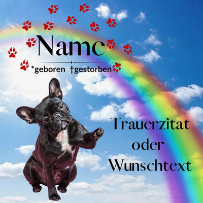 Tiergrabstein für Hund mit Regenbogenbrücke, Hundepfoten und Hundehimmel – personalisiert mit Namen, Daten und Trauerzitat als liebevolle Tierandenken