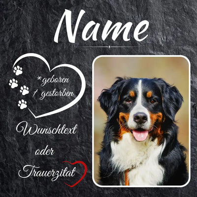 Tiergrabstein Hund in Schieferoptik mit Pfotenmotiv – personalisierte Gedenktafel für Hunde aus Alu-Dibond mit Hundfoto und Wunschtext
