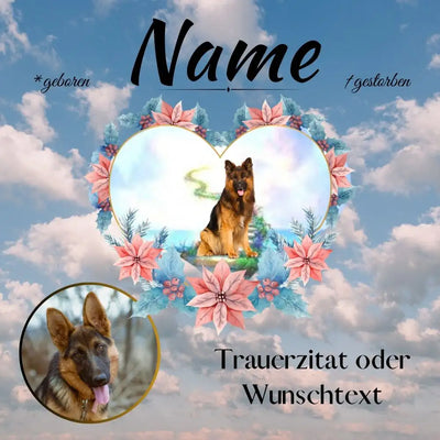 Gestaltungsvorlage für einen Tiergrabstein für einen Hund mit Foto Name Daten und Trauerzitat