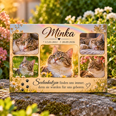 Personalisierter Tiergrabstein aus Alu-Dibond für eine verstorbene Katze mit Fotocollage und Gedenkspruch im Garten