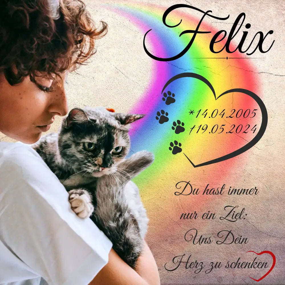 Tiergrabstein für Katze mit Regenbogen, Herz, Foto, Namen, Daten und liebevollem Spruch – personalisierbar als Erinnerung
