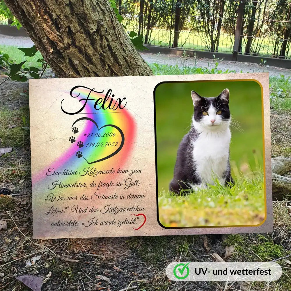 Tiergrabstein für Katze mit Regenbogenbrücke, Pfotenherz, Foto, Namen, Daten und Trauerzitat – UV-beständig, wetterfest und personalisierbar als Andenken