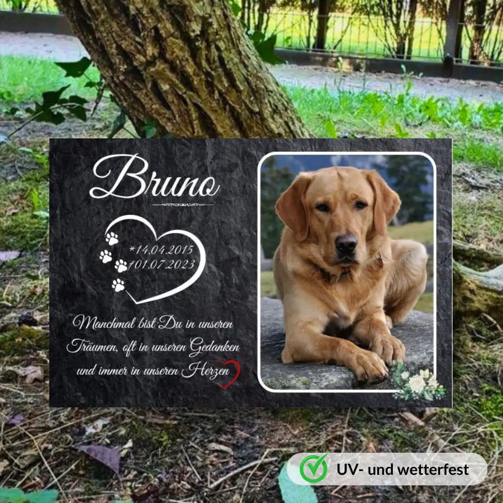 Tiergrabstein in Schieferoptik mit Hunde-Foto, Pfotenherz und Spruch – wetterfeste Gedenktafel aus Alu-Dibond für draußen