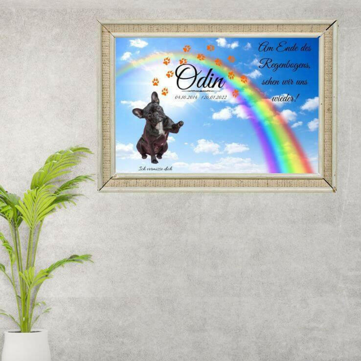 Trauerbild als Erinnerung mit deinem Hund von Regenbogenspuren. Wandbild vom Hundehimmel deines Hundes mit Trauertext, Hundenamen und Informationen deiner Fellnase.