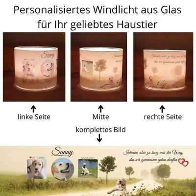 Erklärung des personalisierten Windlichts von deinem Tier mit Wunschtext und Foto