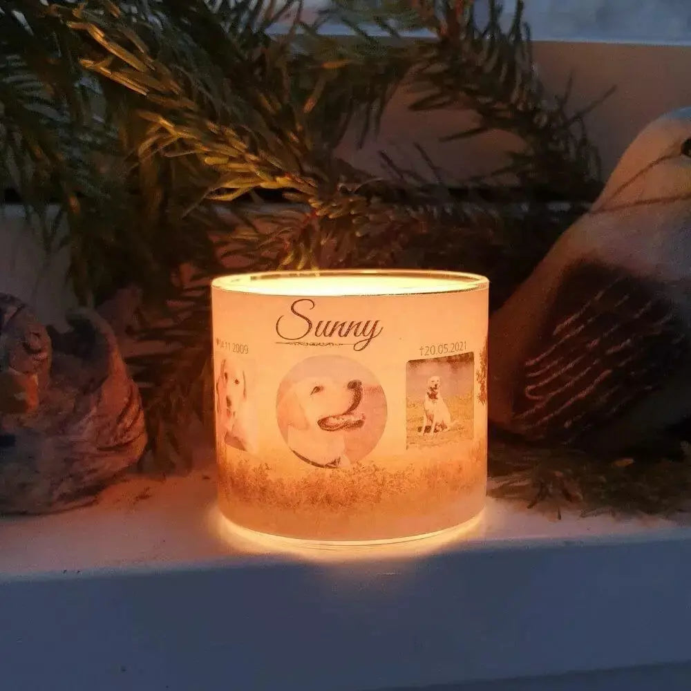Personalisiertes Windlicht mit Wunschtext und Foto.