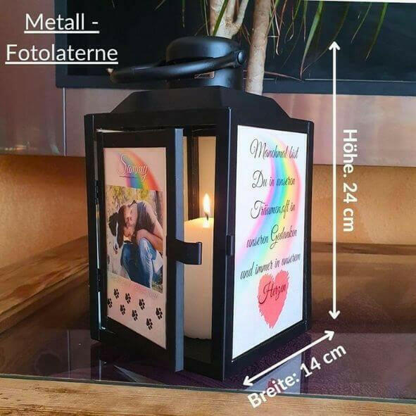 Erinnerungslichter als Foto Laterne von Regenbogenspuren. Metalllaterne mit Hundebilder, Trauerzitate, Hundenamen, Daten und Informationen von Deinem Haustier.