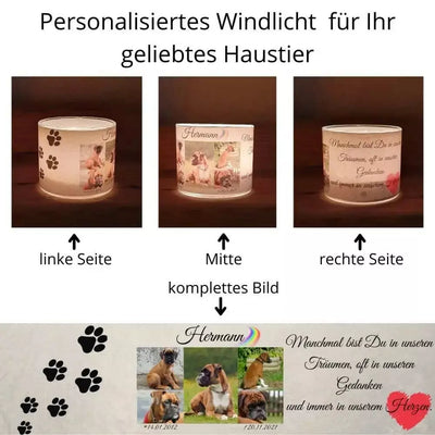 Foto-Windlicht mit Haustierbilder. Grablicht aus Glas. Glasteelicht personalisiert mit Lieblingsfotos, Namen, Informationen und Trauerzitat.