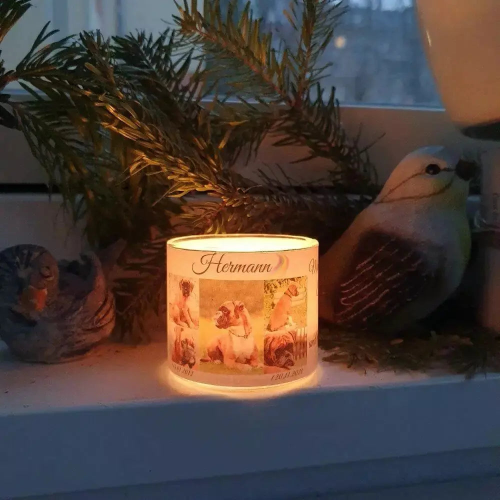 Foto-Windlicht aus Glas. Glas-Teelicht mit deinen Haustierbilder. Foto-Windlicht personalisiert mit Lieblingsfotos, Namen, Informationen und Trauerzitat.