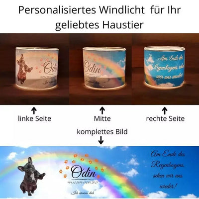 Grablicht mit Regenbogenbrücke und Haustier Portraits. Personalisiertes Fotowindlicht mit Hausierbilder, Informationen vom Haustier und Trauerzitat.