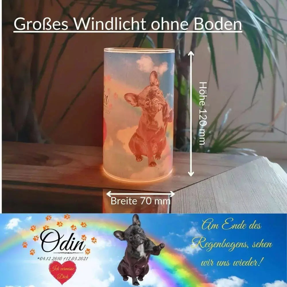 Windlicht-Glas mit Haustierbilder. Kerzenglas mit Regenbogenbrücke. Windlicht-Glas personalisiert mit Lieblingsbilder, Informationen und Trauerzitat.