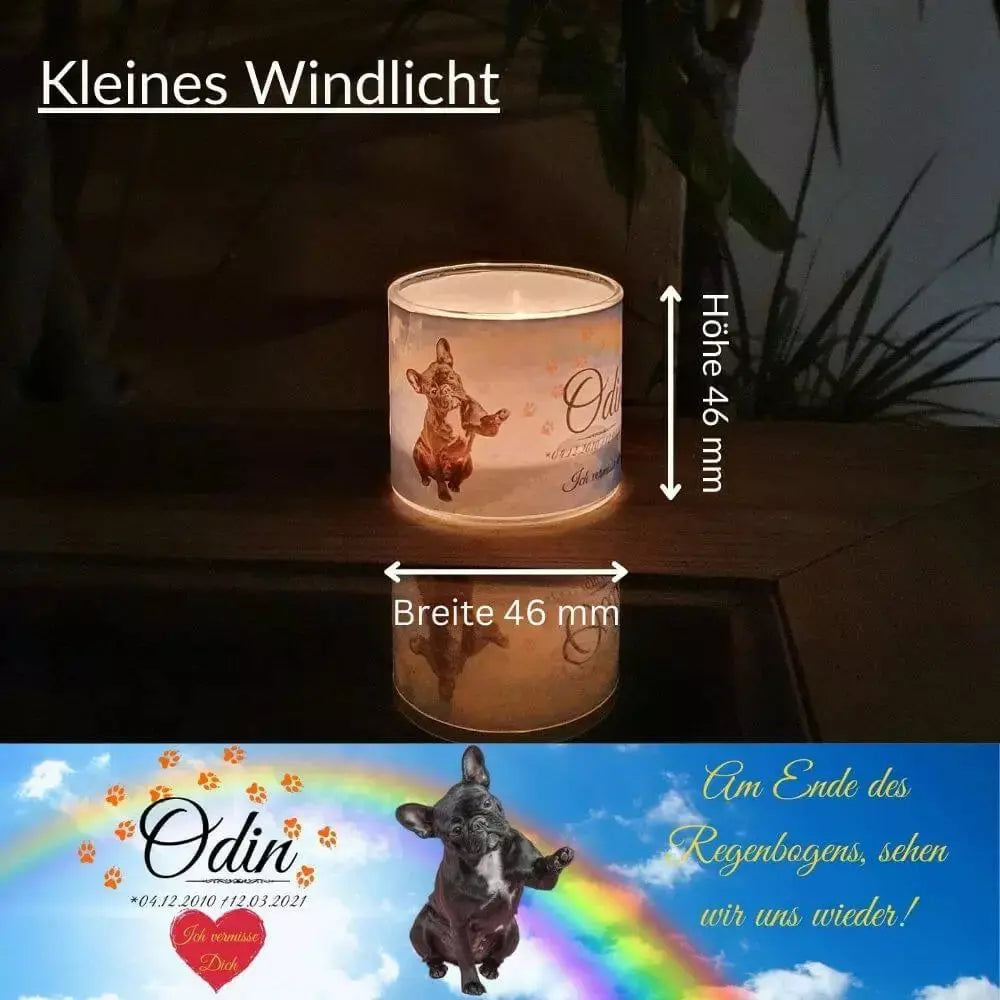 Windlicht-Glas mit Haustierbilder. Teelicht mit Trauerkerze. Windlicht-Glas personalisiert mit Lieblingsbilder, Informationen und Trauerzitat.