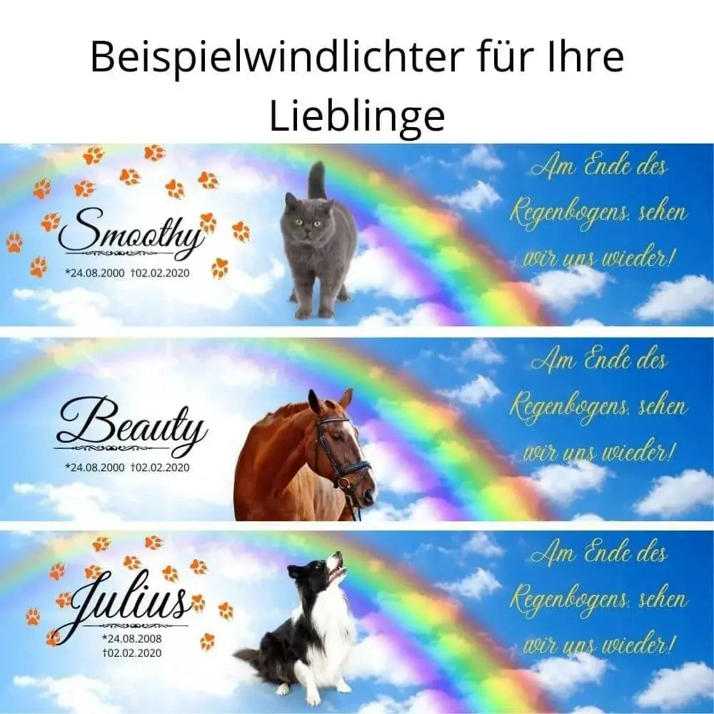 Windlichter mit Haustierbilder. Grablichter aus Glas. Windlichter personalisiert mit Lieblingsfoto, Informationen Deines Haustier und Trauerzitat.