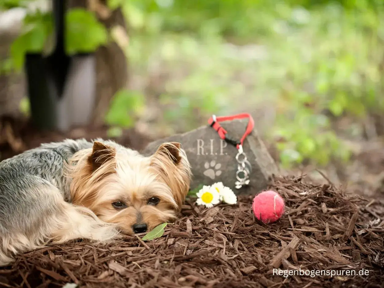 Trauer um einen verstorbenen Hund: Ein Yorkshire Terrier liegt neben einem Grabstein mit Hundehalsband und Blumen. Tierbestattung im Garten.