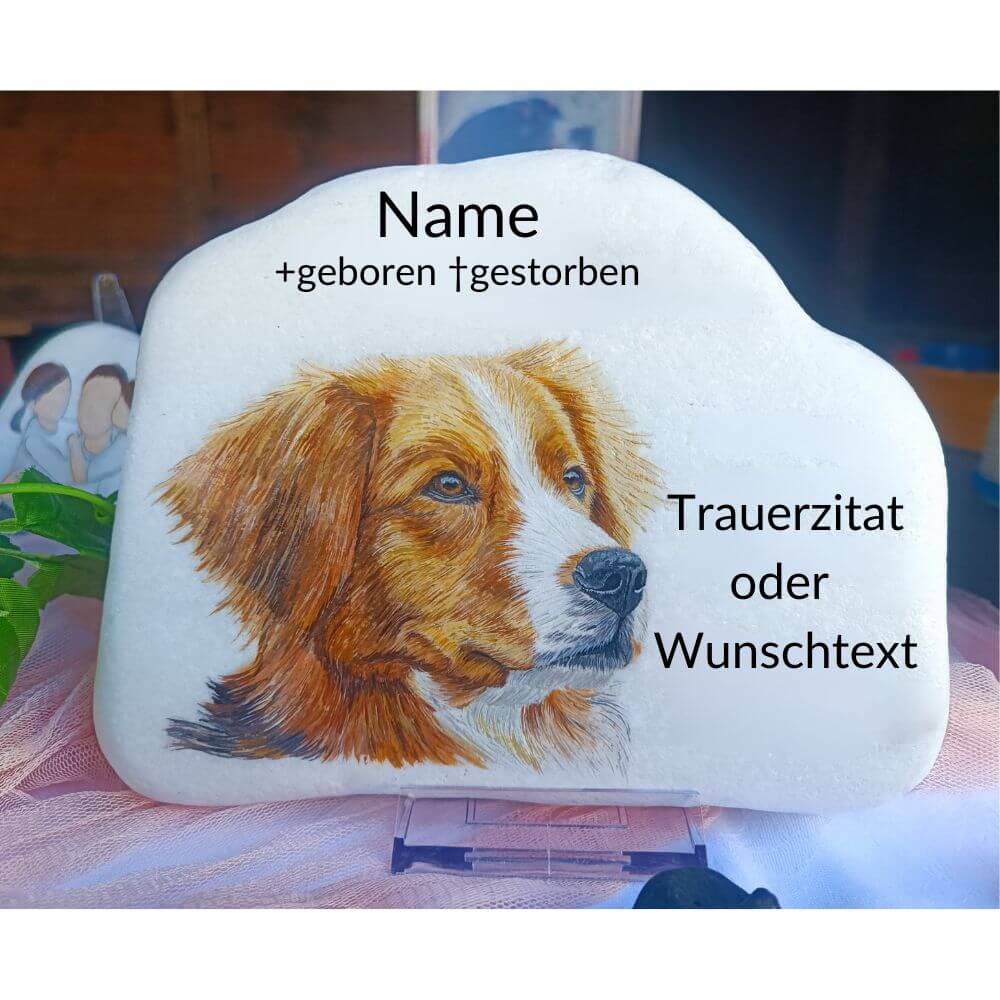 Trauerstein mit Tierportrait als Tierandenken mit Name, Geburtstag, Todestag und Trauerzitat. Hundeportrait personalisiert auf weißen Stein mit Acrylfarbe gemalt.