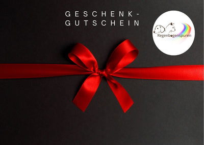 Schwarzer Geschenkgutschein mit roter Schleife und das Logo von Regenbogenspuren.