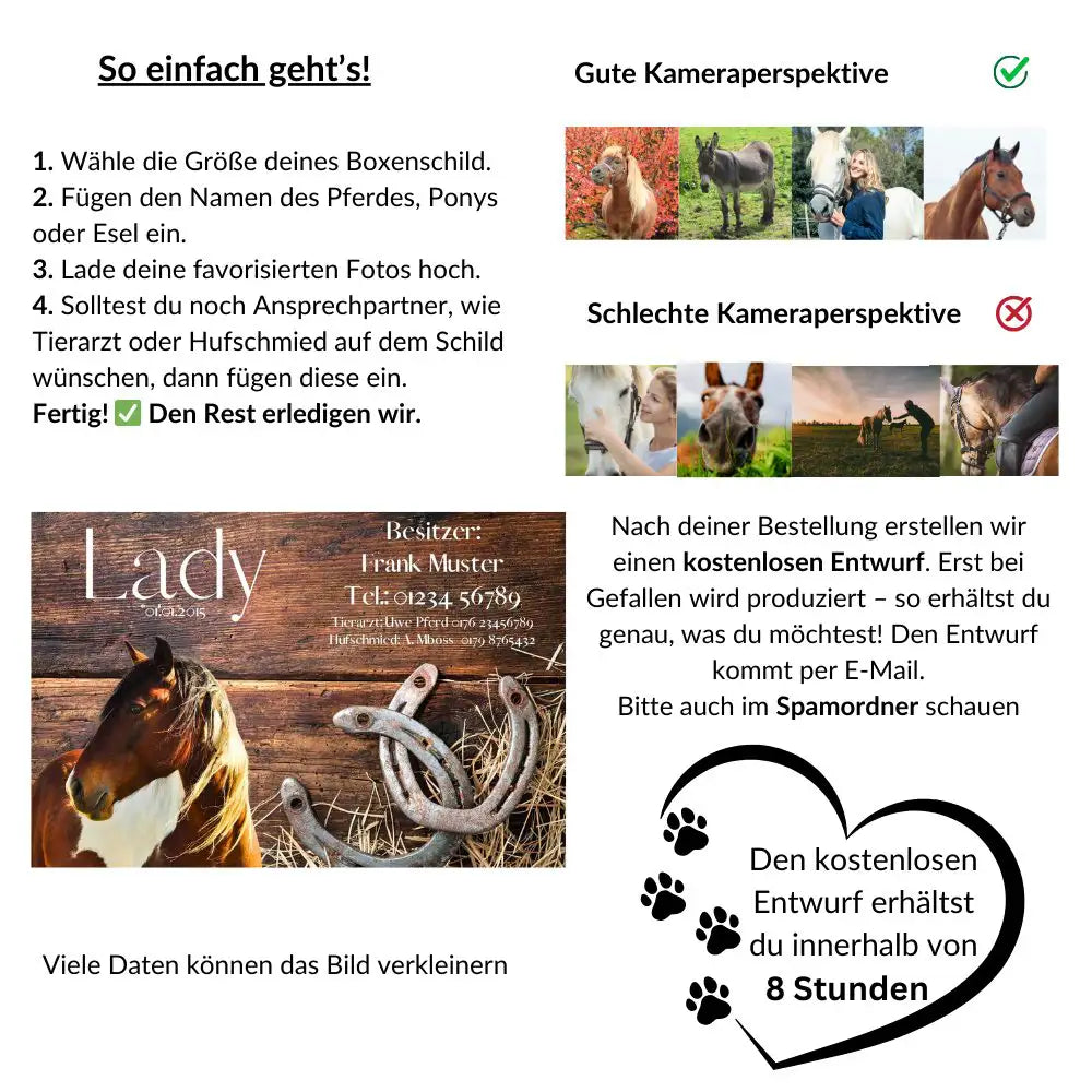 Ratgeber für die Stalltafel Pferd mit Beispielen für gute und schlechte Pferdefotos