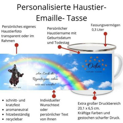 Anleitung zur Personalisierung von einer Fototasse aus Emaille. Auf der Bildtasse ist ein Hund im Hundehimmel mit Regenbogen.