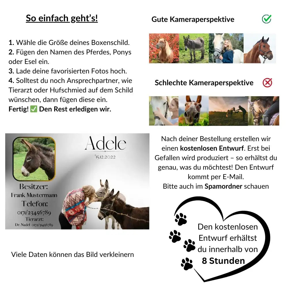 Anleitung zur Gestaltung eines personalisierten Ponyschilds in Metall-Optik mit Fototipps, Bestellablauf und kostenlosem Entwurf