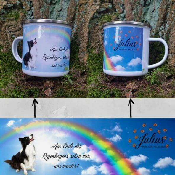 Fototassen von Deinem Haustier an einem Baum. Emaille Tasse mit Lieblingsfotos personalisiert mit Haustierbilder, Informationen und Wunschtext.