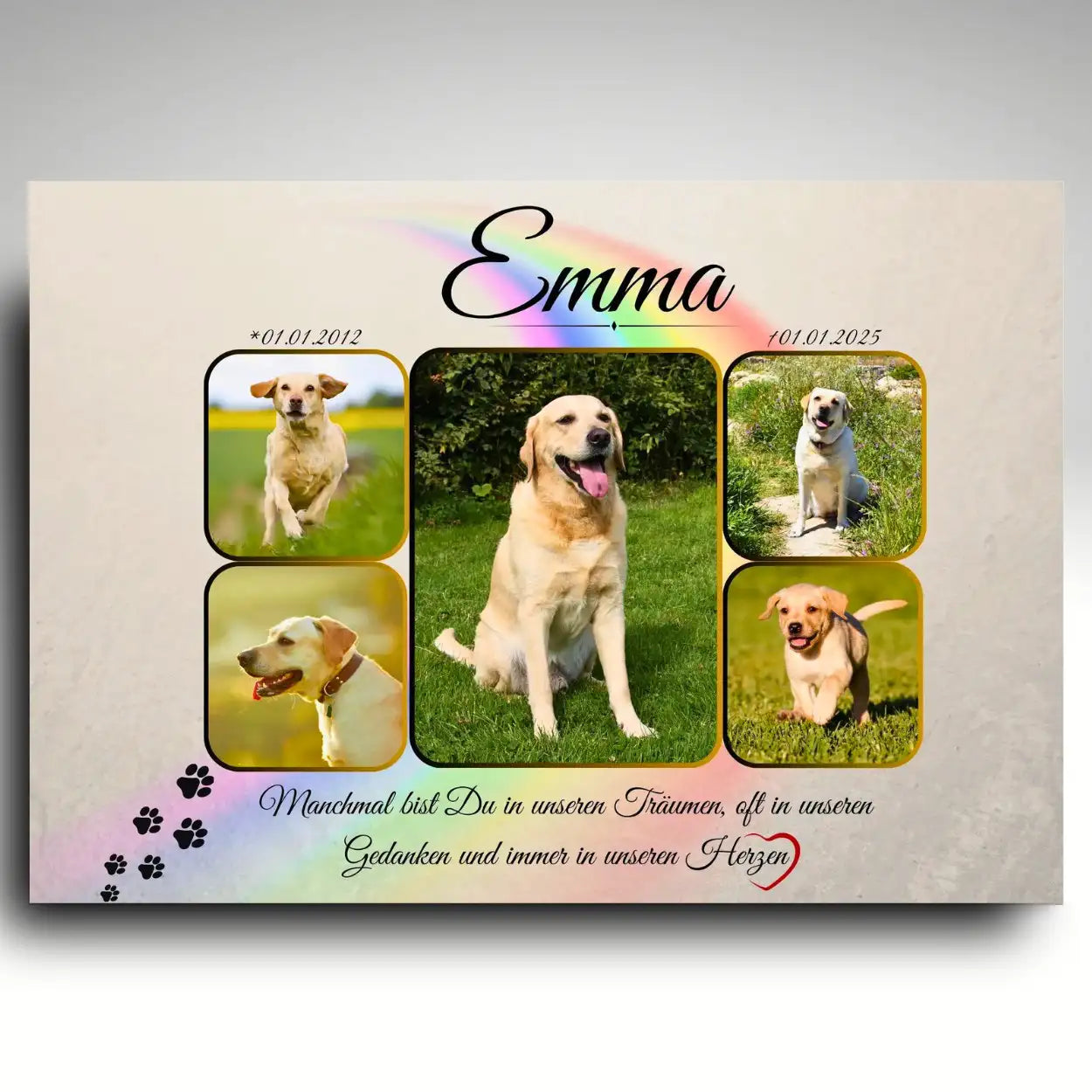 Gedenktafel Hund Fotocollage personalisiert mit Foto und Namen als Tiergrabstein aus Alu Dibond zum Andenken an deinen Hund