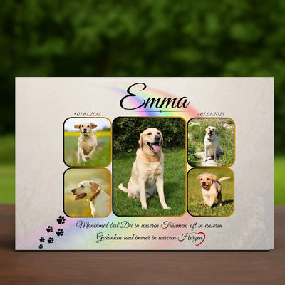 Gedenktafel für Hunde mit Fotocollage und Namen – wetterfest als Tierandenken an deinen verstorbenen Hund