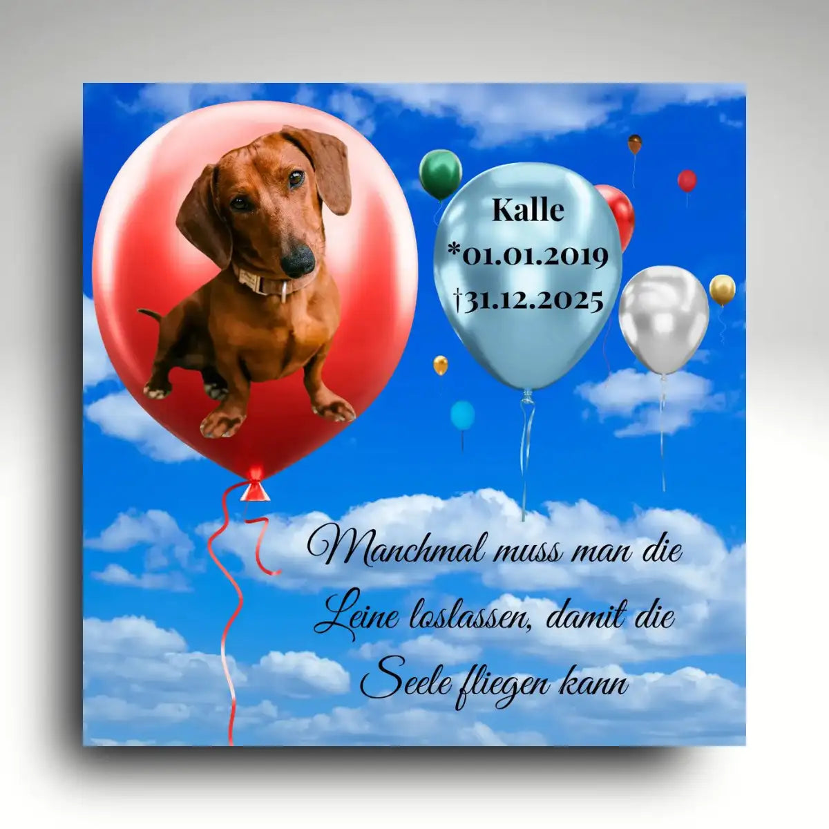Gedenktafel Hundehimmel mit Luftballonmotiv und Hundefoto, personalisiertes Hunde Andenken mit Namen, Geburts- und Sterbedatum sowie Trauerspruch