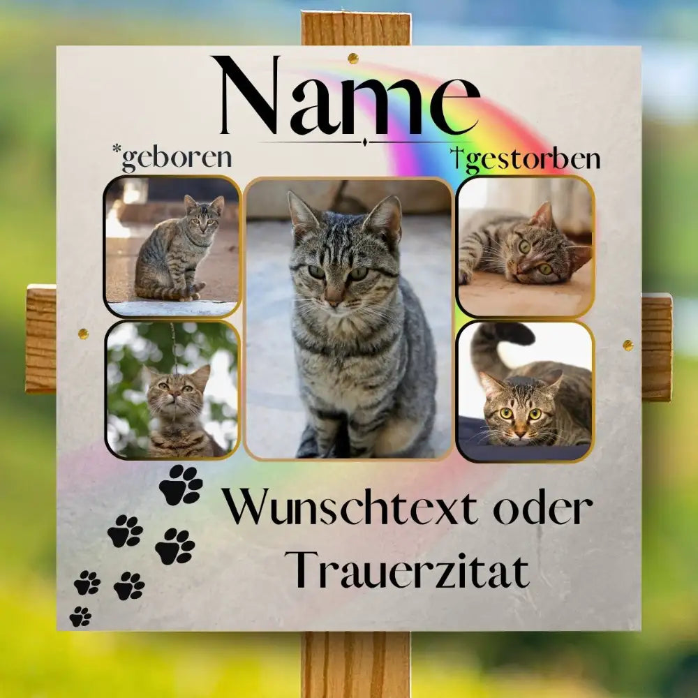 Personalisierte Gedenktafel Katze mit Fotocollage, Name, Geburts- und Sterbedatum sowie Wunschtext als wetterfestes Tier Andenken