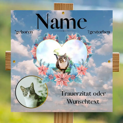 Katzen Gedenktafel personalisiert mit Blumenherz und Katzenportrait, Grabplatte am Holzkreuz mit Wunschtext als wetterfestes Tier Andenken
