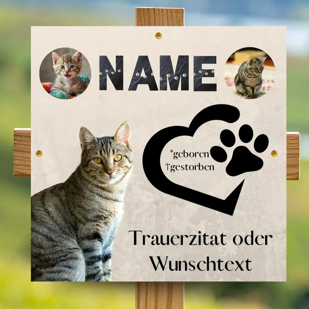 Gedenktafel Katze mit Pfotenherz-Motiv, personalisierter Tiergrabstein mit Katzenfoto, Namen und Daten auf wetterfestem Alu-Dibond