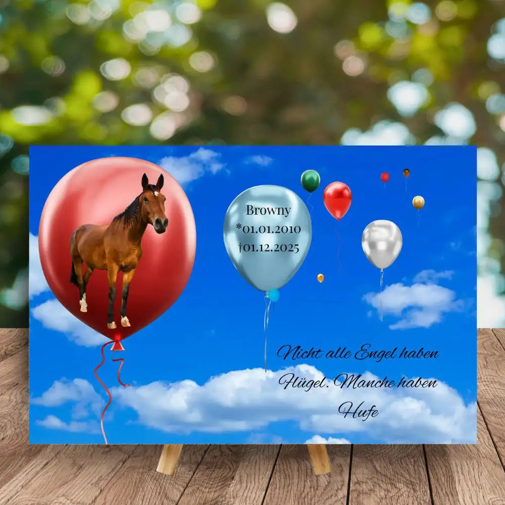Gedenktafel für Pferde im Pferdehimmel mit Foto im Luftballon – persönliches Pferdeandenken mit Geburts- und Sterbedatum