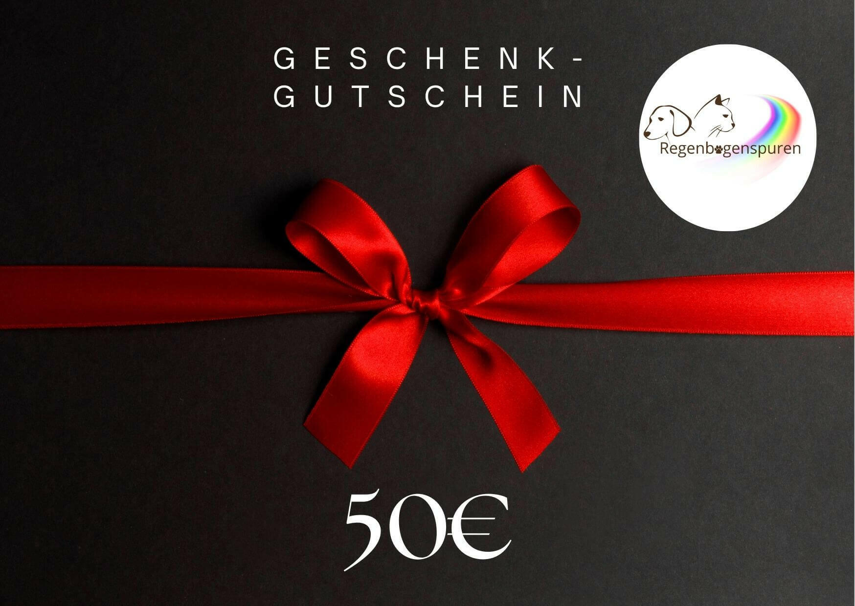 Schwarzer Geschenkgutschein für 50 Euro mit roter Schleife und Logo von Regenbogenspuren.