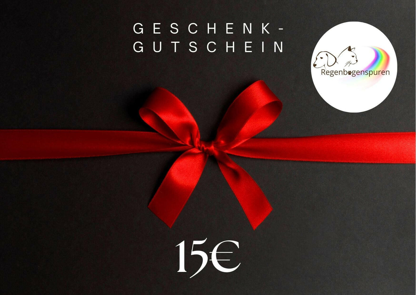 Schwarzer Geschenkgutschein für 15 Euro mit roter Schleife und Logo von Regenbogenspuren.