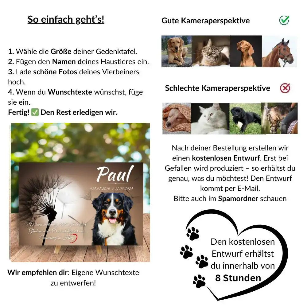 Anleitung zur Gestaltung einer Grabplatte für Hunde mit Bildauswahl, Wunschtext und kostenlosem Entwurf