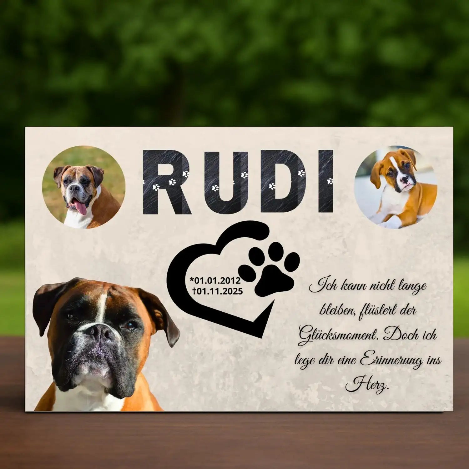 Grabplatte Hund mit Pfotenherz und Foto – wetterfeste Tier-Gedenktafel für dein Tiergrab