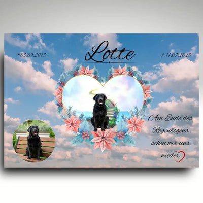 Grabplatte Hund mit Regenbogenbrücke aus Alu Dibond, Herzmotiv mit Foto, Name und Daten für ein würdiges Hundeandenken