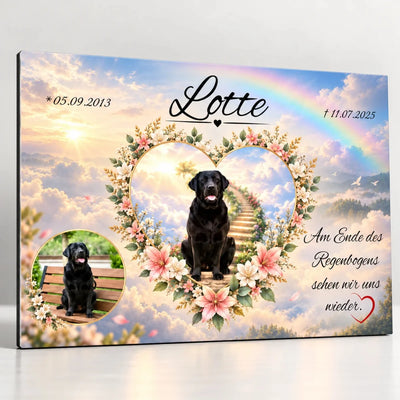 Grabplatte für Hund mit Regenbogenbrücke aus Alu-Dibond, zwei Hundefotos im Blumenherz und Himmelstreppe