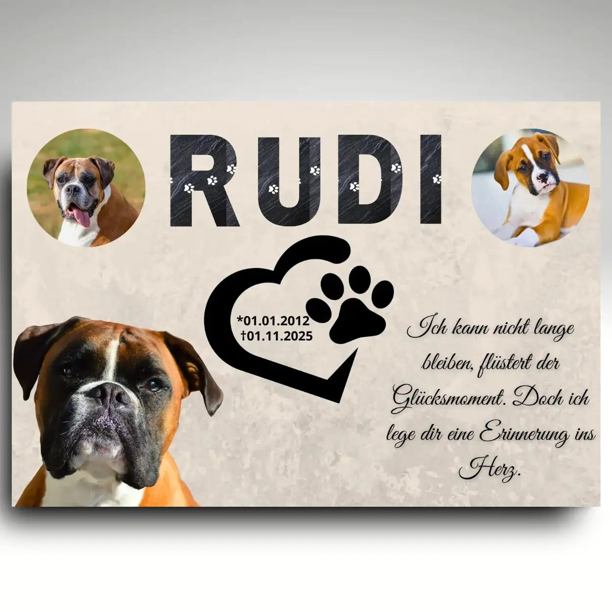 Personalisierte Grabplatte für Hunde mit Tierpfote und Fotocollage hochwertiger Tiergrabstein aus Alu Dibond als Erinnerung an einen geliebten Hund