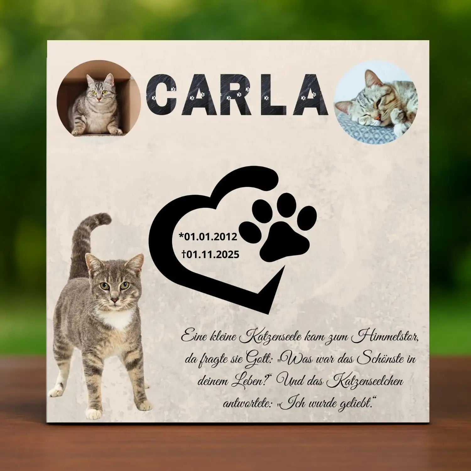 Grabplatte für Katzen mit Pfotenherz und Foto – wetterfeste Tier Gedenktafel zur Erinnerung an deine Katze